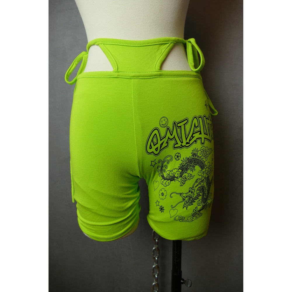 OMIGHTY Dragon Print Shorts Neon Green Drawstring Y2K Rave‎ Festival Women S